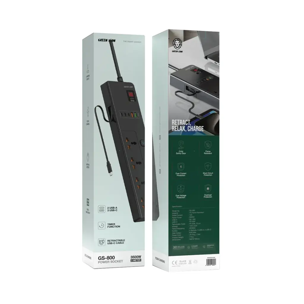 فروشگاه آنلاین نخلینو   - چندراهی برق تایمر دار با کابل متصل تایپ سی گرین لاین Green Lion GS-800 Power Socket 2M 3500W